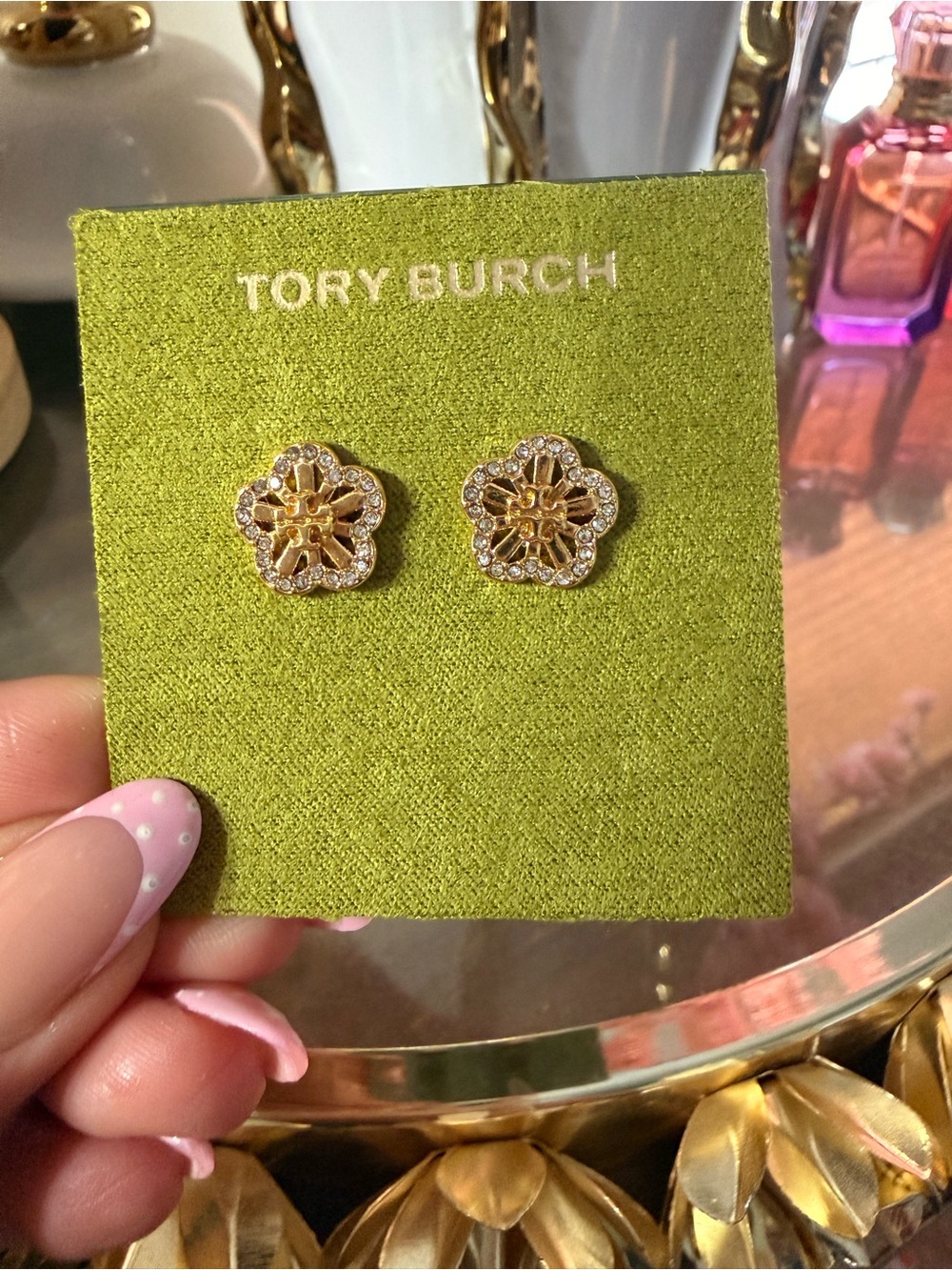 Tory Burch Gold Floral Studs with Pave Crystals